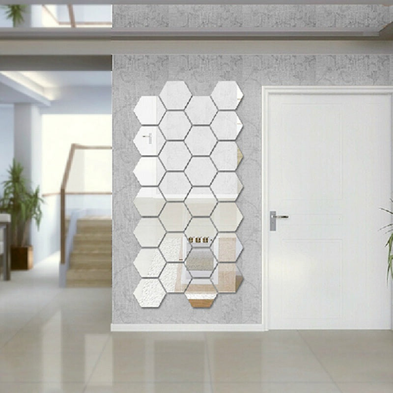 Modern Creative 3D Silver Mirror Geometric Hexagon Acrylic Wall Bedroom Living Room Stickers Decor DIY Gift
